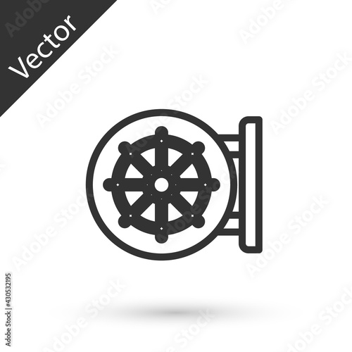 Grey line Dharma wheel icon isolated on white background. Buddhism religion sign. Dharmachakra symbol. Vector