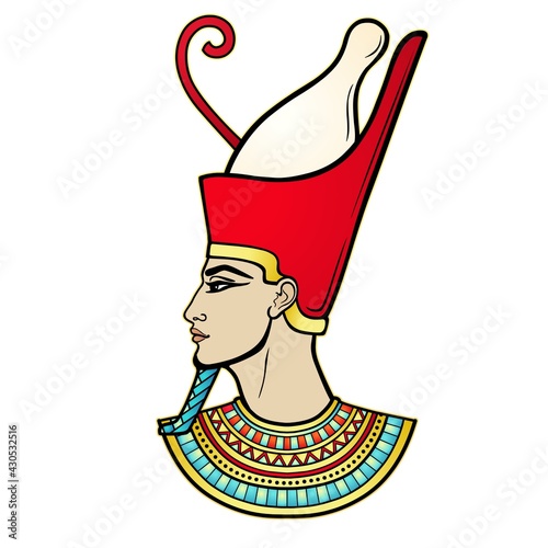 Animation portrait Egyptian man in the crown and necklace. Profile view. Vector illustration isolated on a white background. Print, poster, t-shirt, tattoo.
