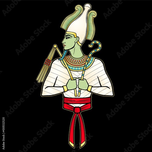 Animation portrait Egyptian man in the crown holds symbols of power in his hands. God Osiris. Profile view. Vector illustration isolated on a black background. Print, poster, t-shirt, tattoo. photo