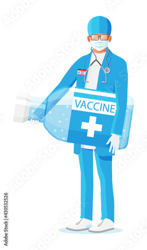 Male doctor holds large ampoule with vaccine. Cartoon doctor holding big bottle isolated on white. Man in coat with medical vaccine in container. Vaccination concept. Flat vector illustration