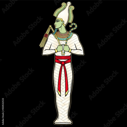 Animation portrait Egyptian man in the crown holds symbols of power in his hands. God Osiris. Full growth. Vector illustration isolated on a black background. Print, poster, t-shirt, tattoo.