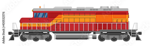 Diesel locomotive isolated on white background. Freight train with diesel or electric engine. Side view of powerful locomotive cargo train. Railroad transportation. Flat vector illustration