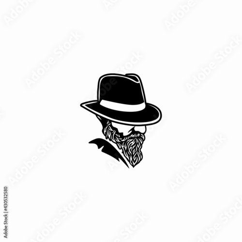Beard man face with hat. Photo props. Vector illustration
 profile view of bearded man wearing hat, 
Silhouette of a bearded man with a hat logo.
