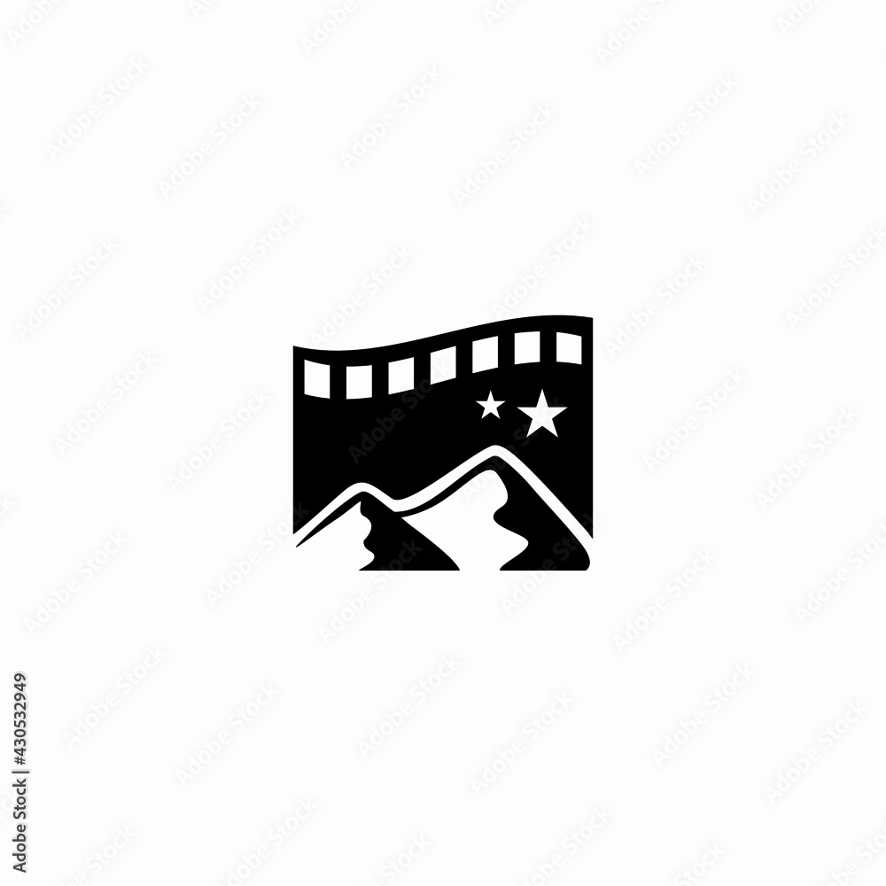 Fototapeta premium mountain Video Film Production Logo suitable for video, film or similar industry. A smart negative space logo with a mountain on a film strip.