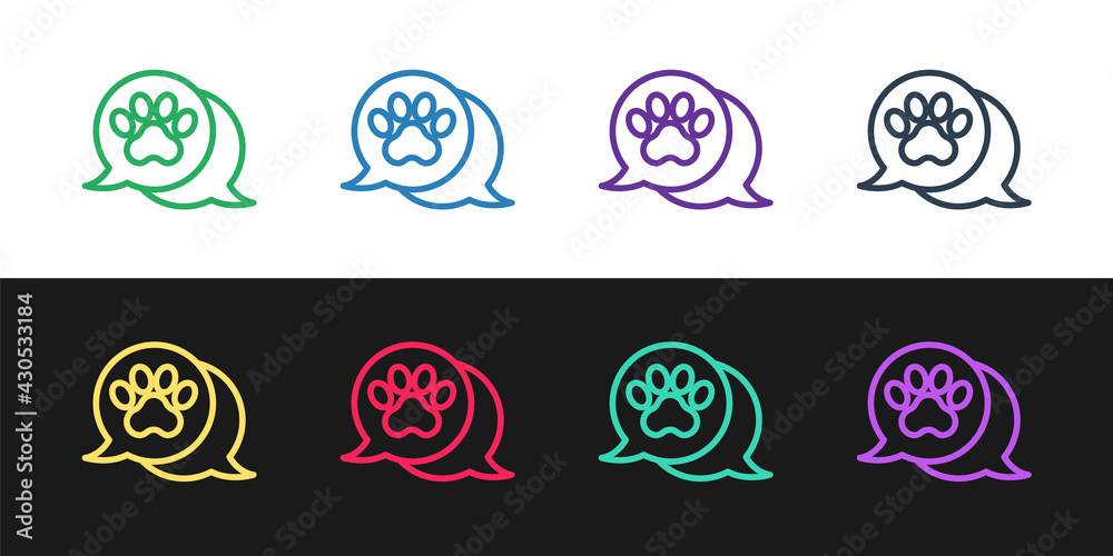 Set line Paw print icon isolated on black and white background. Dog or cat paw print. Animal track. Vector Set line Paw print icon isolated on black and white background. Dog or cat paw print. Animal track. Vector