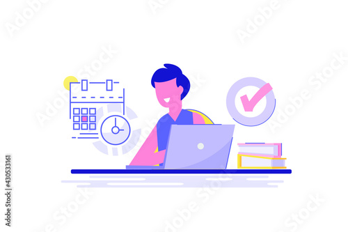 Concept of a business man with multitasking skills sitting at his laptop with office icons in the background. Successful labor productivity. Vector illustration.