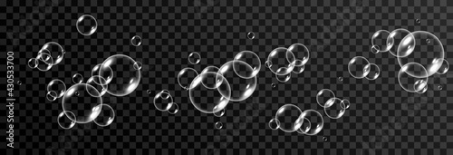 Vector soap bubble. Realistic soap bubble png, glare. Foam bubbles png. Powder, soap, detergent. Vector image.