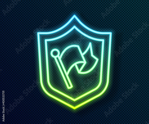 Glowing neon line Shield with flag icon isolated on black background. Victory, winning and conquer adversity concept. Vector