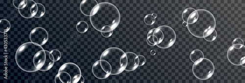 Vector soap bubble. Realistic soap bubble png, glare. Foam bubbles png. Powder, soap, detergent. Vector image.