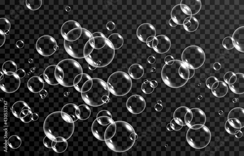 Vector soap bubble. Realistic soap bubble png, glare. Foam bubbles png. Powder, soap, detergent. Vector image.