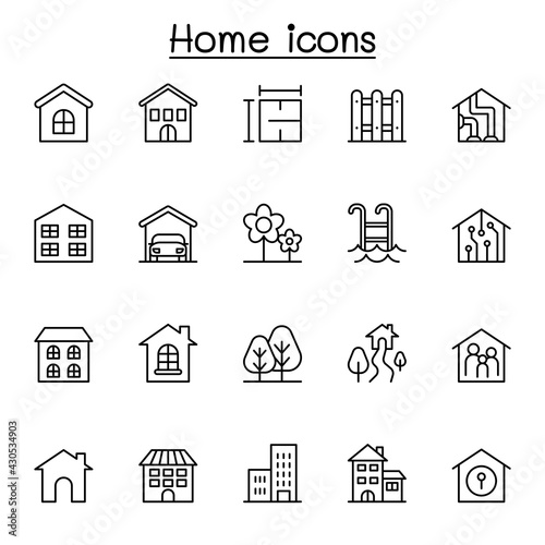 Home icon set in thin line style