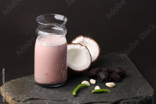 Solkadhi OR Kokum curry, A famous drink from Goa or Maharashtra`s Konkan region, served in a glass. photo