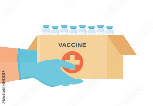 Gloved hands hold a box of coronavirus vaccine. Delivery of the vaccine to the hospital. Anti virus campaign. Isolated vector illustration on flat style in white background.