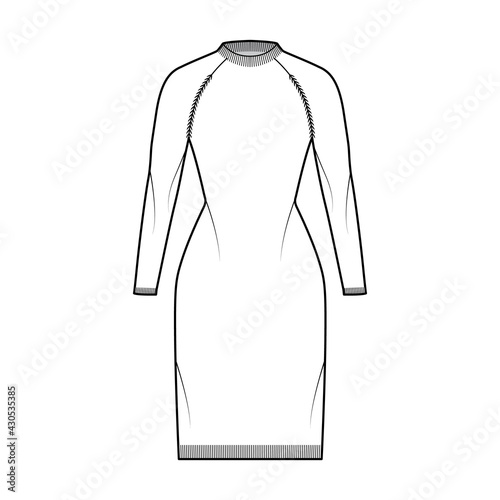 Dress Fisherman Sweater technical fashion illustration with rib crewneck, long raglan sleeves, fitted, knee length, knit trim. Flat jumper apparel front, white color style. Women men unisex CAD mockup