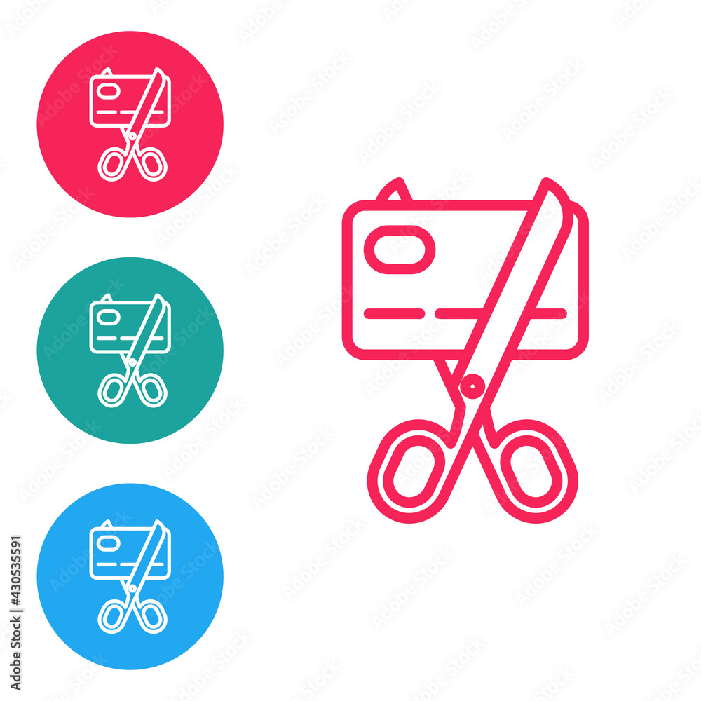 Red line Scissors cutting a credit card icon isolated on white background. Online payment. Cash withdrawal. Financial operations. Shopping sign. Set icons in circle buttons. Vector Red line Scissors cutting a credit card icon isolated on white background. Online payment. Cash withdrawal. Financial operations. Shopping sign. Set icons in circle buttons. Vector