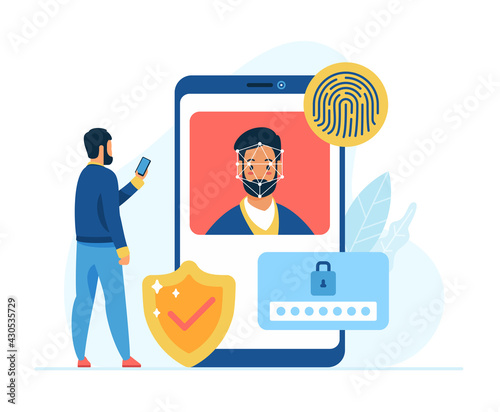 Mobile data protection and security concept flat vector illustration. Male cartoon character with smartphone. Face recognition. Finger print unlock. Two step verification
