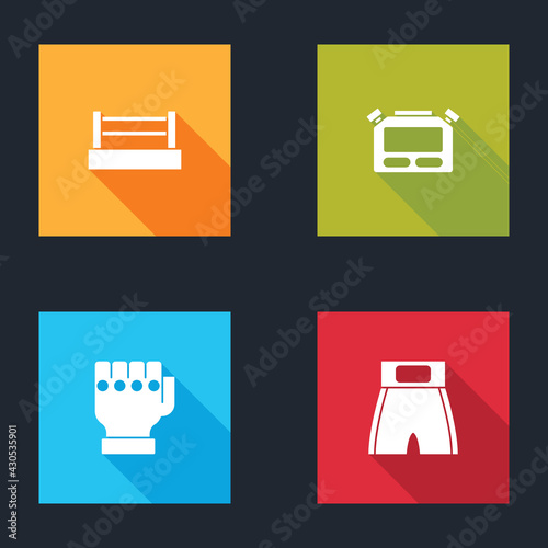 Set Boxing ring, Stopwatch, MMA glove and short icon. Vector