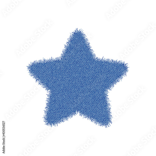 Denim star shape. Torn jean patch. Vector realistic illustration on white background.