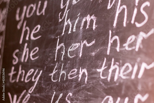 фотографія Pronouns in English. Written on a blackboard with chalk.