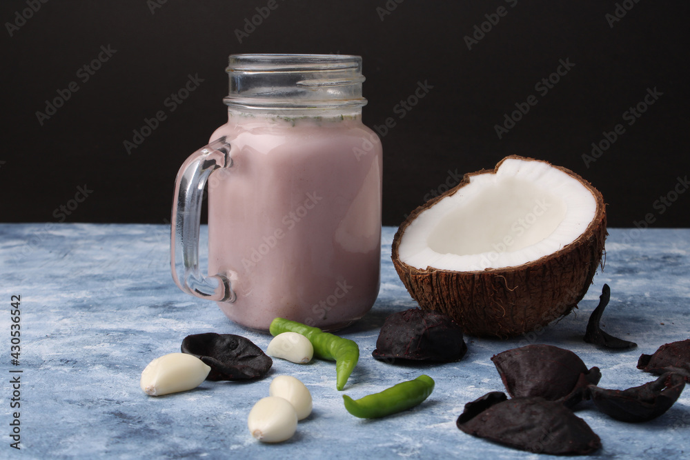 Solkadhi OR Kokum curry, A famous drink from Goa or Maharashtra`s Konkan region, served in a glass.