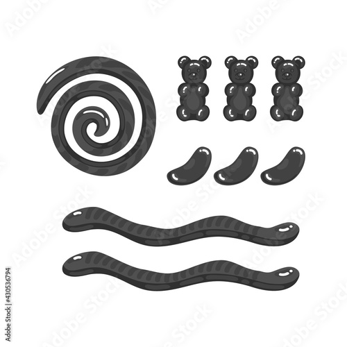 Licorice gummy bear, jelly bean and jelly worms sweet candy set with amazing flavor flat style design vector illustration. Bright colorful jelly delicious sweets collection isolated white background.