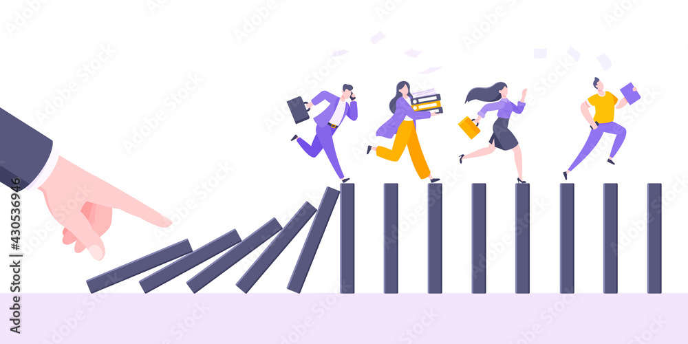 Domino effect or business cowardice metaphor vector illustration concept. Adult young business people run away from hand falling domino line business concept problem solving and danger chain reaction. Domino effect or business cowardice metaphor vector illustration concept. Adult young business people run away from hand falling domino line business concept problem solving and danger chain reaction.