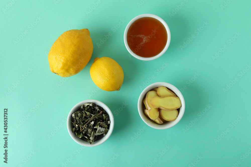 Concept of alternative cold treatment on mint background Concept of alternative cold treatment on mint background