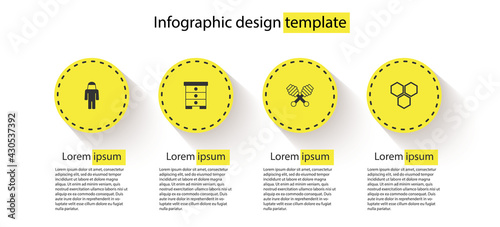 Set Beekeeper with protect hat, Hive for bees, Honey dipper stick and Honeycomb. Business infographic template. Vector