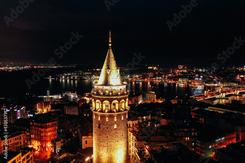 Turkey, Istanbul, Galata tower, night city view.