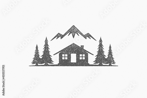 Fototapet Silhouette shack hut located near coniferous forest and mountain ridge in countr