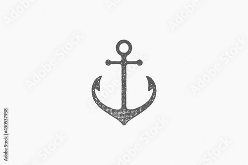 Black silhouette traditional anchor emblem of maritime industry hand drawn stamp effect vector illustration.