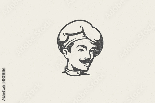 Logo icon head of smiling male cook silhouette in chef hat hand drawn stamp effect vector illustration