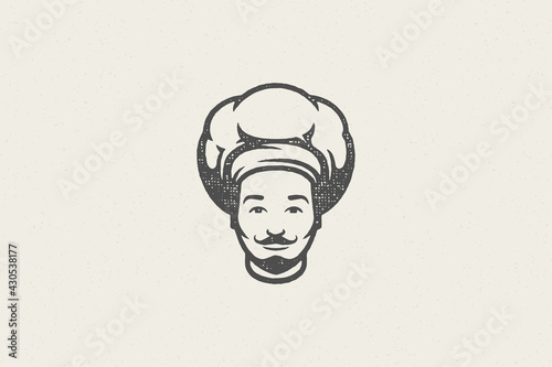 Logo icon head of smiling male cook silhouette in chef hat hand drawn stamp effect vector illustration