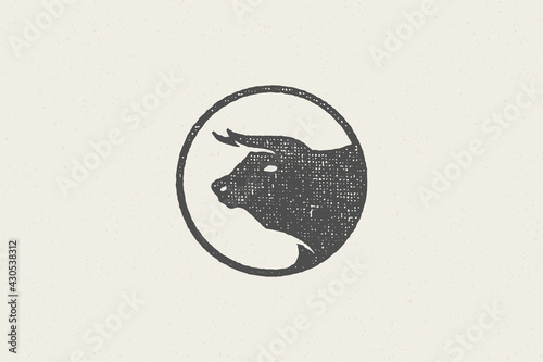 Bull head silhouette with large horns for animal husbandry industry hand drawn stamp vector illustration.