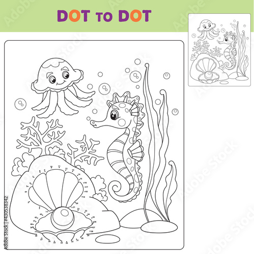 Numbers game  education dot to dot game for children. Vector illustration of Cartoon the seahorse and jellyfish. Coloring book.