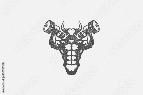 Sportsman with bull head lifting dumbbells hand drawn stamp vector illustration.
