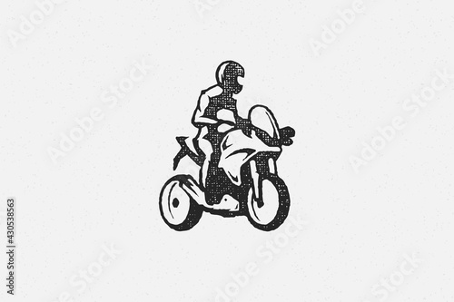 Man rider on superbike motorcycle silhouette hand drawn ink stamp vector illustration.