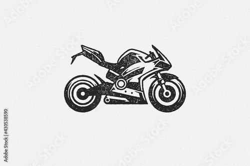 Sport superbike motorcycle silhouette side view hand drawn ink stamp vector illustration.