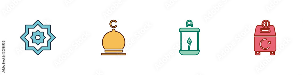 Obraz premium Set Octagonal star, Muslim Mosque, Ramadan Kareem lantern and Donate or pay your zakat icon. Vector