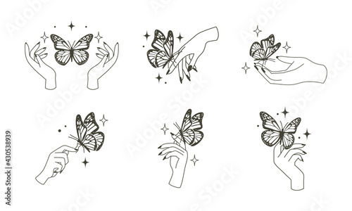 Woman hand with butterfly logo. Magical esoteric occult style illustration.