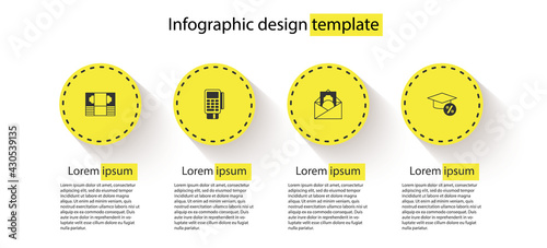 Set Stacks paper money cash, POS terminal with credit card, Envelope dollar symbol and Graduation cap and coin. Business infographic template. Vector