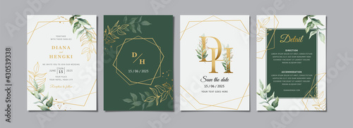 Green gold leaves wedding invitation card template photo