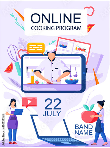 Professional chef slices paprika on cutting board for salad. Video recording of culinary blog. Online cooking program concept poster. Website with video recipes banner. Girls watching food blog