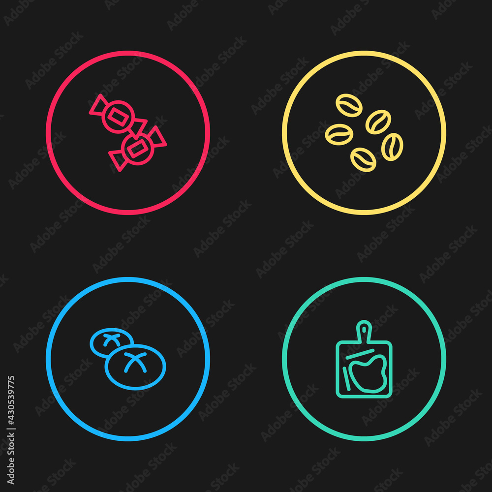 Set line Bread loaf, Cutting board, Coffee beans and Candy icon. Vector