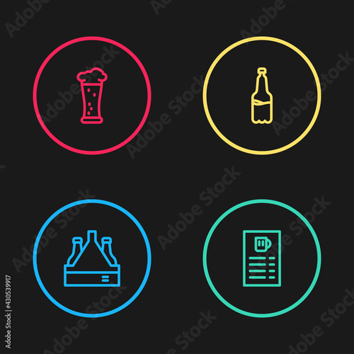 Set line Pack of beer bottles  Beer menu  Plastic and Glass icon. Vector