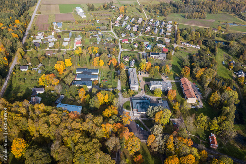 Aerial view of Pelci village in sunny autumn day, Latvia.