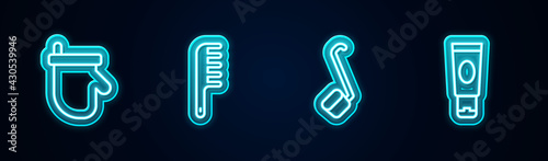 Set line Sauna mittens, Hairbrush, ladle and Cream or lotion cosmetic tube. Glowing neon icon. Vector