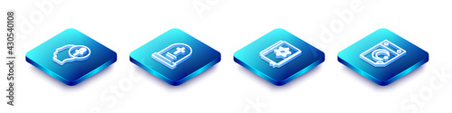 Set Isometric line Cross ankh, Tombstone with cross, Jewish torah book and Star and crescent icon. Vector