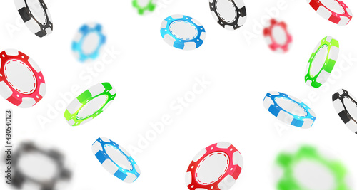 Falling red, green, blue, black poker chips, tokens on white background. Vector illustration for casino, game design, flyer, poster, banner, web, advertising.