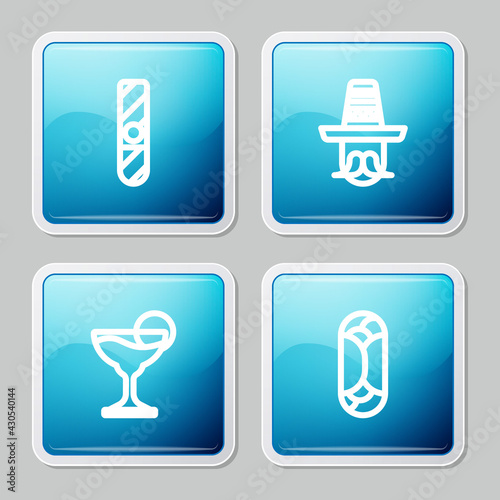 Set line Cigar, Mexican man sombrero, Margarita cocktail and Burrito icon. Vector